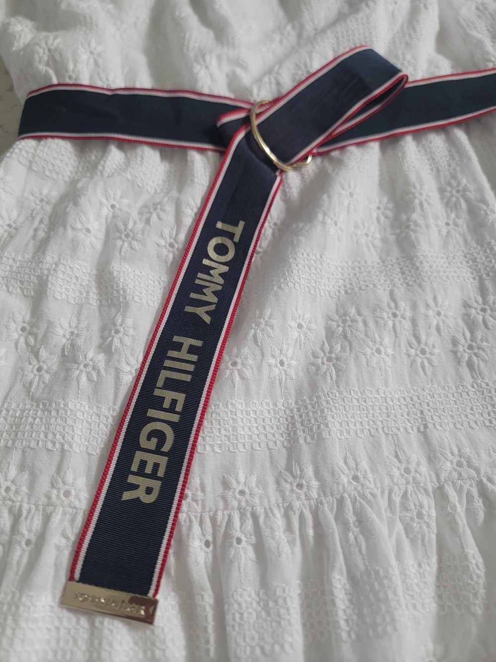 Tommy Hilfiger White Eyelet Midi Dress Logo Ribbon Belt Size 14 Tea Party chic - Picture 10 of 14